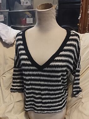 Sweet Claire Striped Black and White V-Neck Knit Top